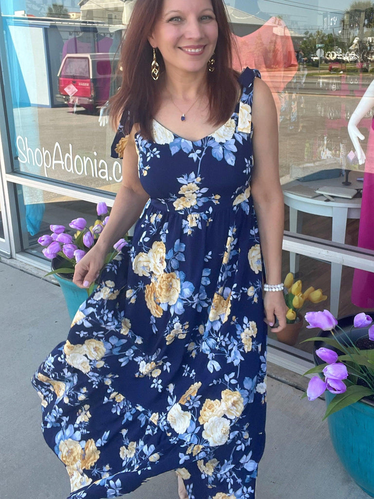 Floral Tie-Shoulder Sleeveless Dress (Online Only) - Made by Trendsi , available in dresses, floral, flowers, maxi, navy, smock, spring, summer, yellow , located in Panama City, FL.