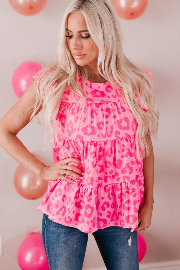 Pink Leopard Round Neck Tiered Blouse (Online Only) - Made by Trendsi , available in animal, babydoll, pink, Sleeveless , located in Panama City, FL.