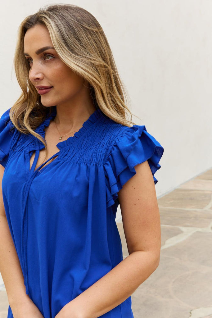 And The Why Ruffle Sleeve Smocked Detail Mini Dress (Online Only) - Made by Trendsi , available in And The Why, blue, Dresses, exclusive, june, online, royal, Ship from USA , located in Panama City, FL.