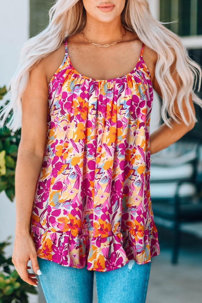 Floral Scoop Neck Ruffle Hem Cami (Online Only) - Made by Trendsi , available in , located in Panama City, FL.
