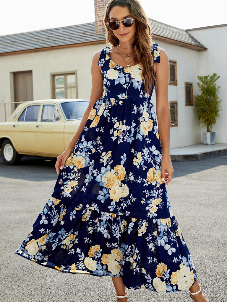 Floral Tie-Shoulder Sleeveless Dress (Online Only) - Made by Trendsi , available in dresses, floral, flowers, maxi, navy, smock, spring, summer, yellow , located in Panama City, FL.