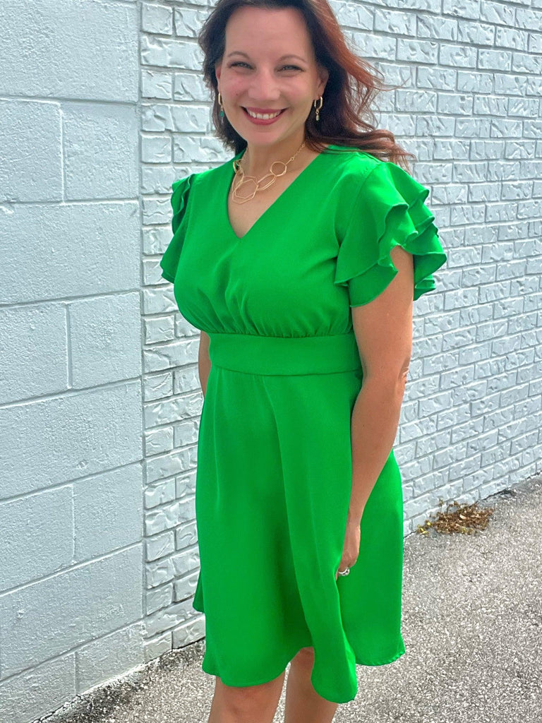 Flutter Sleeve V-Neck Dress (ONLINE ONLY) - Made by Trendsi , available in bright, dresses, flutter, green, may, ruffle, Ship From Oversea, short sleeves, sleeves, summer , located in Panama City, FL.