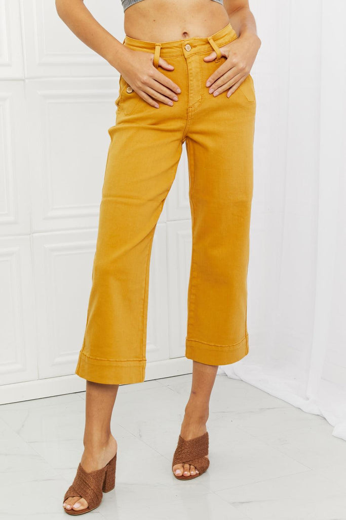 Judy Blue Mustard Straight Leg Cropped Jeans (Online Only) - Made by Trendsi , available in april, cropped, flair, jeans, Judy Blue, mustard, Ship from USA, yellow , located in Panama City, FL.