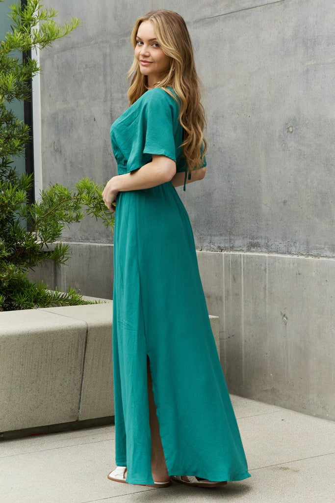 ODDI Full Size Woven Wrap Maxi Dress (Online Only) - Made by Trendsi , available in Dresses, exclusive, green, June, maxi, ODDI, Online, Ship from USA, v neck , located in Panama City, FL.