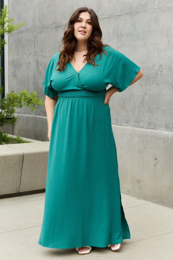 ODDI Full Size Woven Wrap Maxi Dress (Online Only) - Made by Trendsi , available in Dresses, exclusive, green, June, maxi, ODDI, Online, Ship from USA, v neck , located in Panama City, FL.