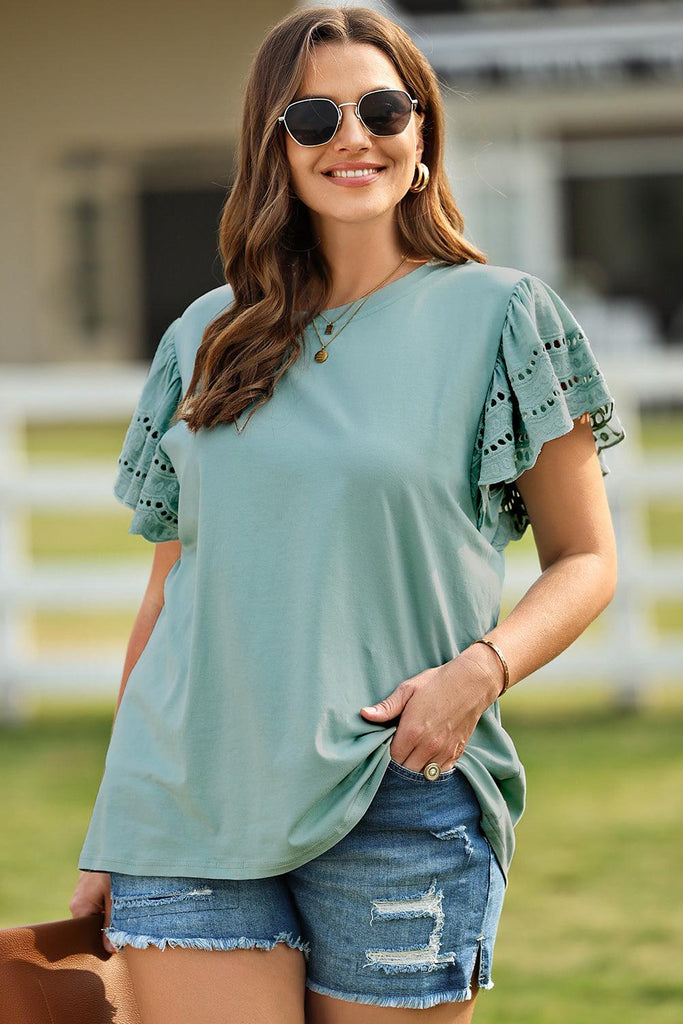 Plus Size Butterfly Sleeve Round Neck Top (Online Only) - Made by Trendsi , available in exclusive, june, online, Plus size, Ship From Overseas, Shirts, Short Sleeve, Tops , located in Panama City, FL.