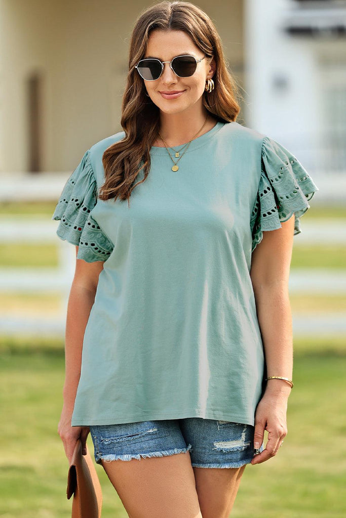 Plus Size Butterfly Sleeve Round Neck Top (Online Only) - Made by Trendsi , available in exclusive, june, online, Plus size, Ship From Overseas, Shirts, Short Sleeve, Tops , located in Panama City, FL.