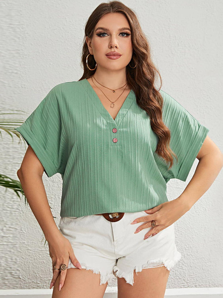 Plus Size Buttoned V-Neck Short Sleeve Top (Online Only) - Made by Trendsi , available in exclusive, june, online, Plus size, Ship From Overseas, shirts, Short Sleeve, tops , located in Panama City, FL.