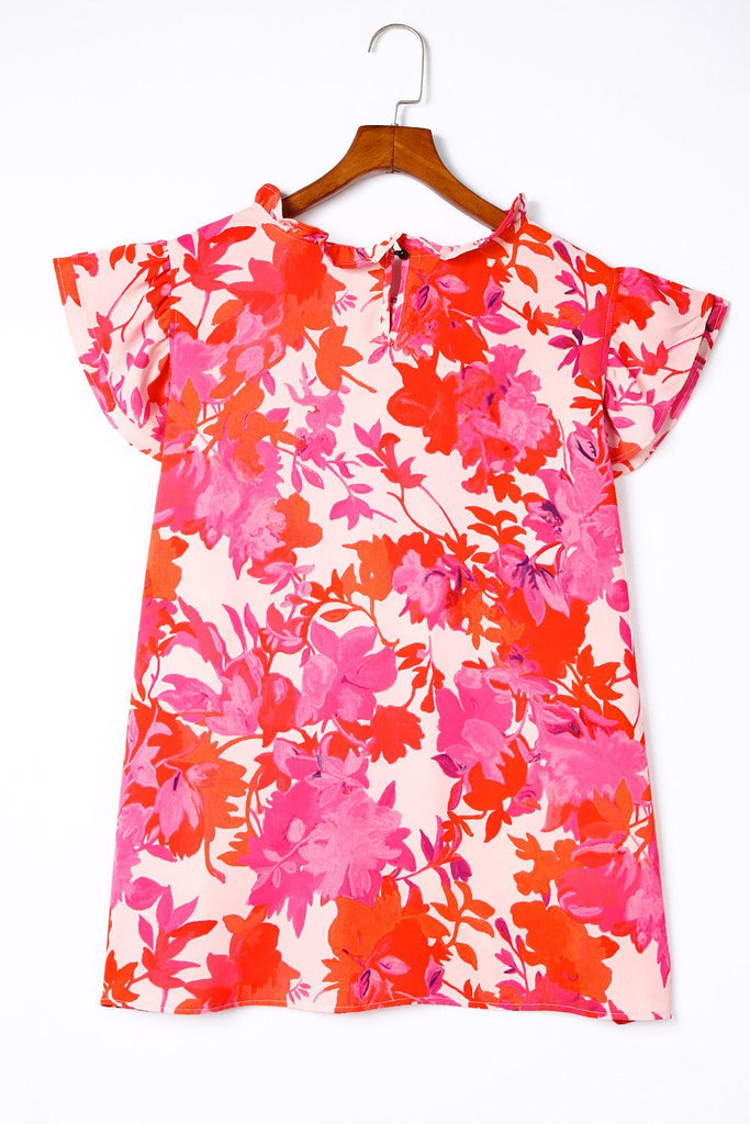 Plus Size Floral Flutter Sleeve Round Neck Blouse (Online Only) - Made by Trendsi , available in exclusive, june, online, Plus size, Ship From Overseas, Shirts, Tops , located in Panama City, FL.