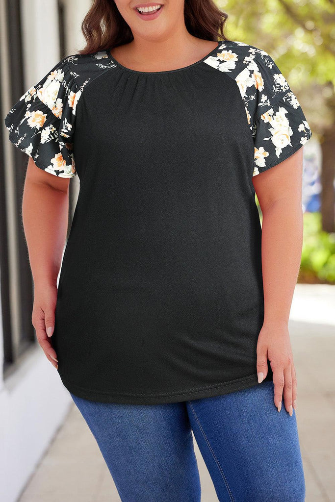 Plus Size Floral Spliced Tee Shirt (Online Only) - Made by Trendsi , available in exclusive, june, online, Plus size, Ship From Overseas, Short Sleeve , located in Panama City, FL.