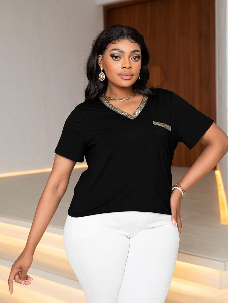 Plus Size Glitter V-Neck Short Sleeve Tee Shirt (Online Only) - Made by Trendsi , available in exclusive, june, online, Plus size, Ship From Overseas, shirts, Short Sleeve, Tops , located in Panama City, FL.