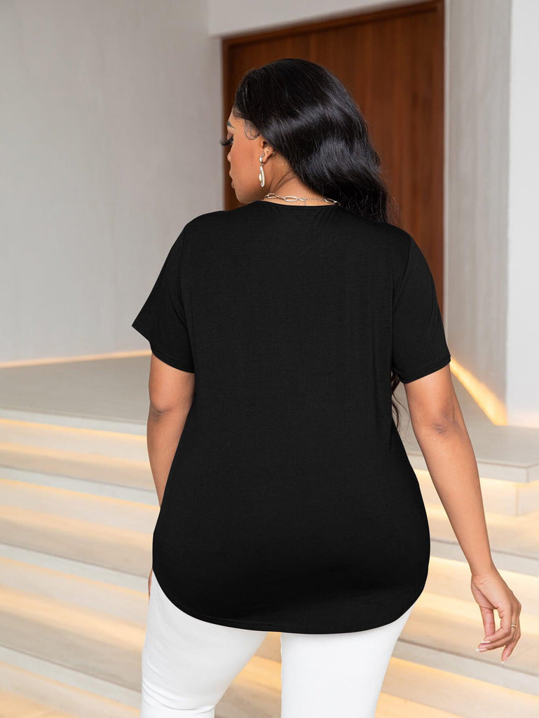 Plus Size Glitter V-Neck Short Sleeve Tee Shirt (Online Only) - Made by Trendsi , available in exclusive, june, online, Plus size, Ship From Overseas, shirts, Short Sleeve, Tops , located in Panama City, FL.