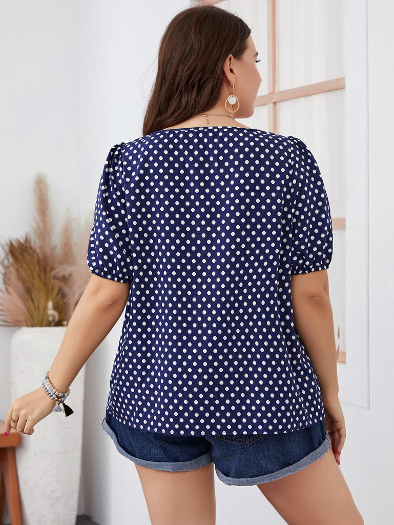 Plus Size Polka Dot Square Neck Blouse (Online Only) - Made by Trendsi , available in exclusive, june, online, Plus size, Ship From Overseas, shirts, short sleeve, tops , located in Panama City, FL.