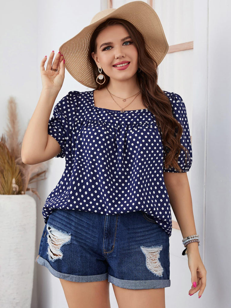 Plus Size Polka Dot Square Neck Blouse (Online Only) - Made by Trendsi , available in exclusive, june, online, Plus size, Ship From Overseas, shirts, short sleeve, tops , located in Panama City, FL.