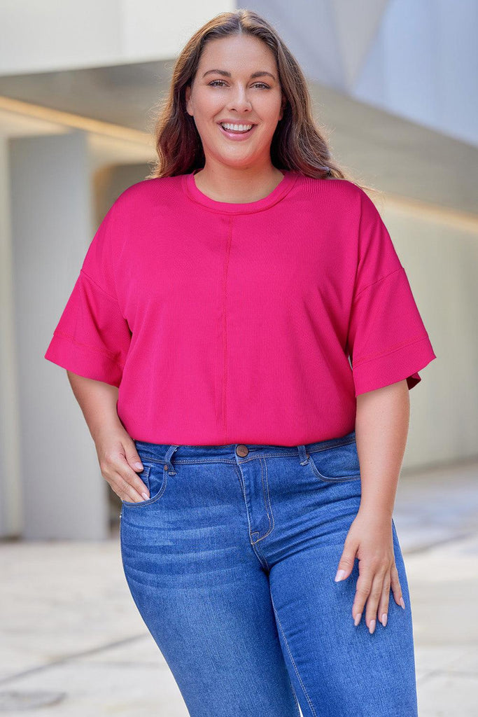 Plus Size Round Neck Dropped Shoulder Tee (Online Only) - Made by Trendsi , available in exclusive, june, online, Plus size, Ship From Overseas, Short Sleeve , located in Panama City, FL.
