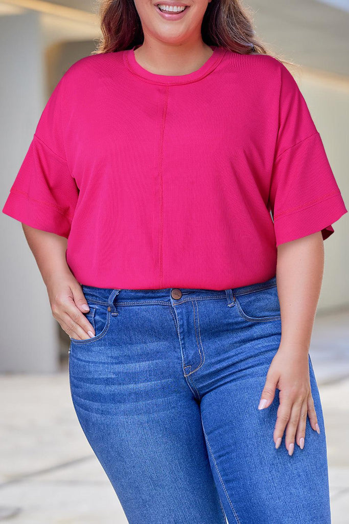 Plus Size Round Neck Dropped Shoulder Tee (Online Only) - Made by Trendsi , available in exclusive, june, online, Plus size, Ship From Overseas, Short Sleeve , located in Panama City, FL.