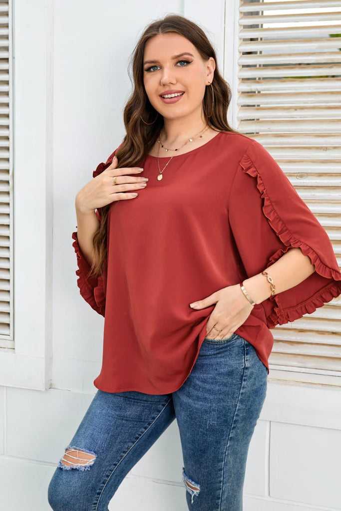 Plus Size Round Neck Frill Trim Blouse (Online Only) - Made by Trendsi , available in exclusive, june, online, Plus size, Ship From Overseas, Shirts, tops , located in Panama City, FL.