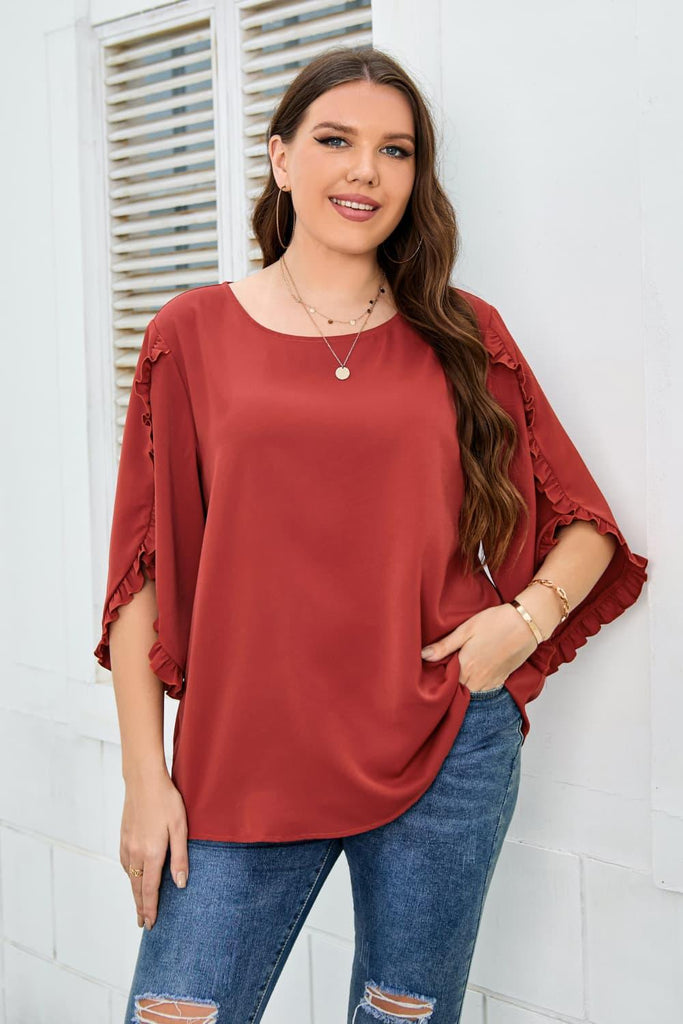 Plus Size Round Neck Frill Trim Blouse (Online Only) - Made by Trendsi , available in exclusive, june, online, Plus size, Ship From Overseas, Shirts, tops , located in Panama City, FL.