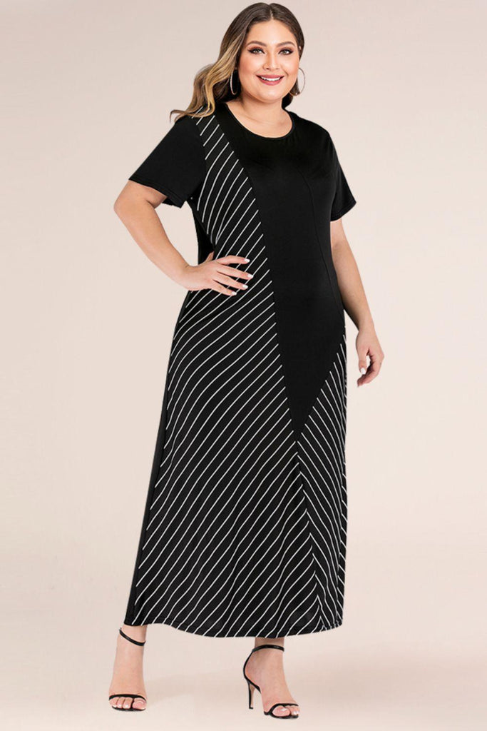 Plus Size Striped Color Block Tee Dress (Online Only) - Made by Trendsi , available in Dresses, exclusive, june, online, Plus size, Ship From Overseas, Short Sleeve , located in Panama City, FL.