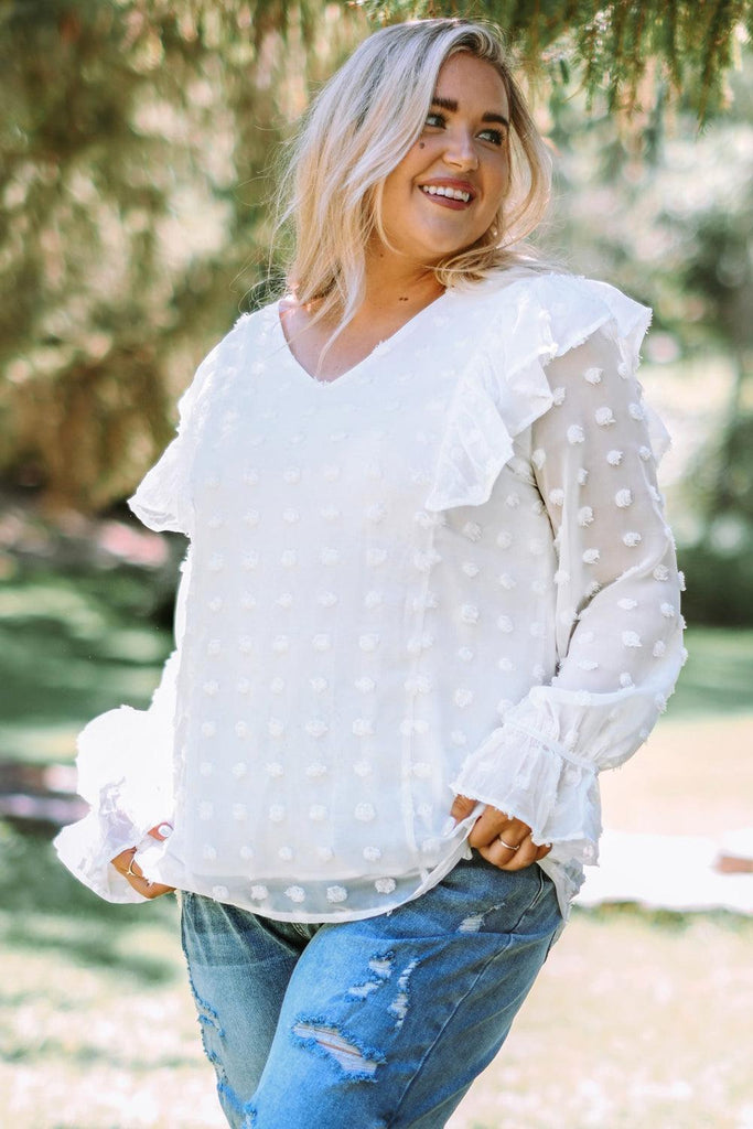 Plus Size Swiss Dot Ruffled Blouse (Online Only) - Made by Trendsi , available in exclusive, june, long sleeves, online, Plus size, Ship From Overseas, Shirts, Tops , located in Panama City, FL.