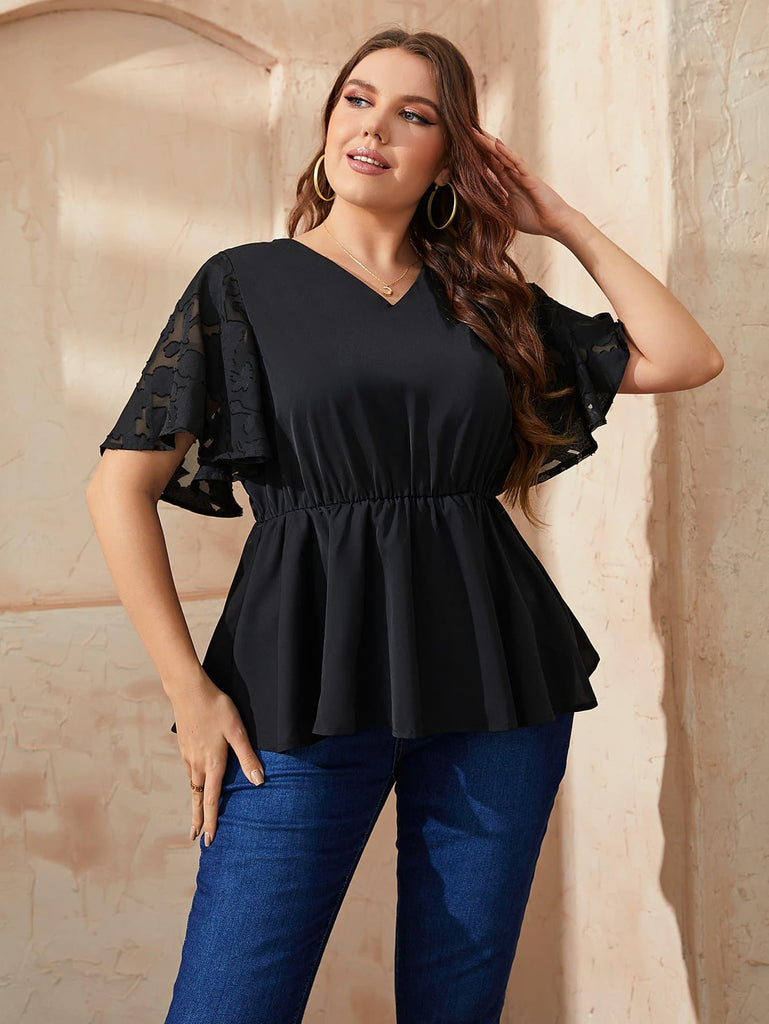 Plus Size V-Neck Flutter Sleeve Babydoll Blouse (Online Only) - Made by Trendsi , available in exclusive, june, online, Plus size, Ship From Overseas, Short Sleeve , located in Panama City, FL.