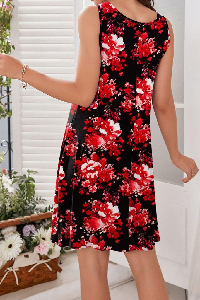 Printed Round Neck Sleeveless Dress (Online Only) - Made by Trendsi , available in a line, dress, floral, Sleeveless , located in Panama City, FL.
