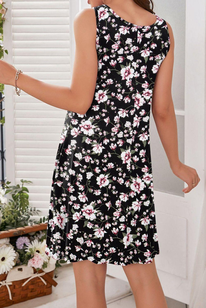 Printed Round Neck Sleeveless Dress (Online Only) - Made by Trendsi , available in a line, dress, floral, Sleeveless , located in Panama City, FL.