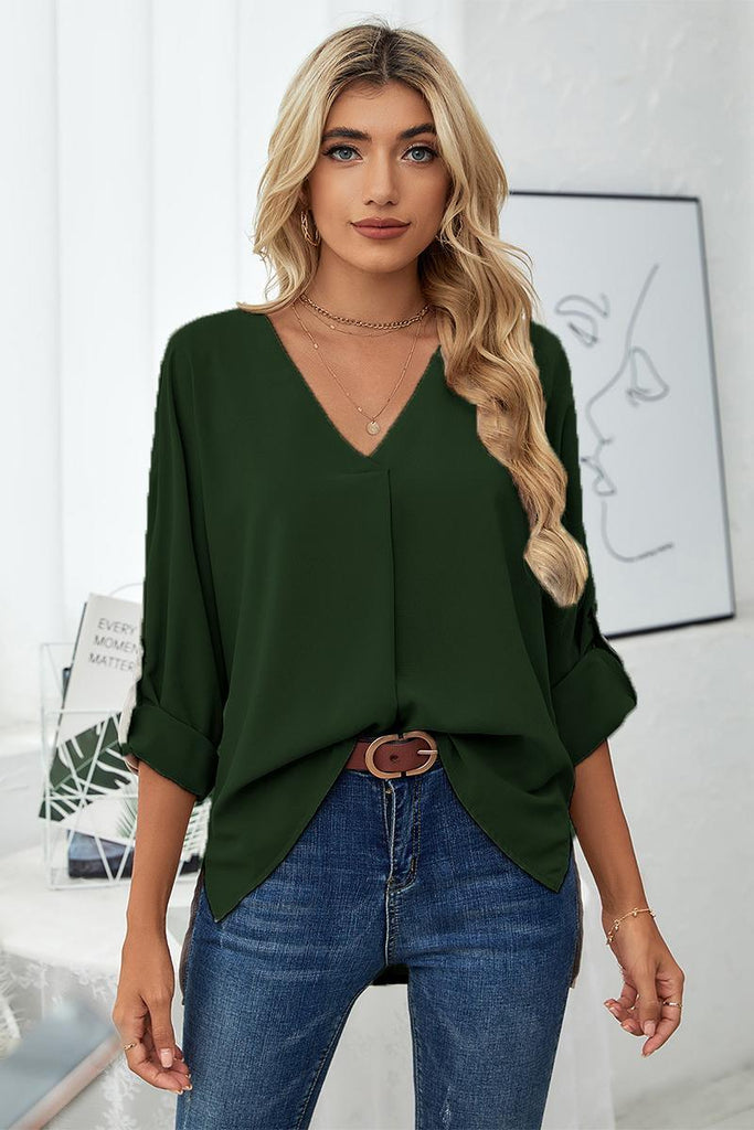 Roll-Tab Sleeve V-Neck Blouse (Online Only) - Made by Trendsi , available in , located in Panama City, FL.