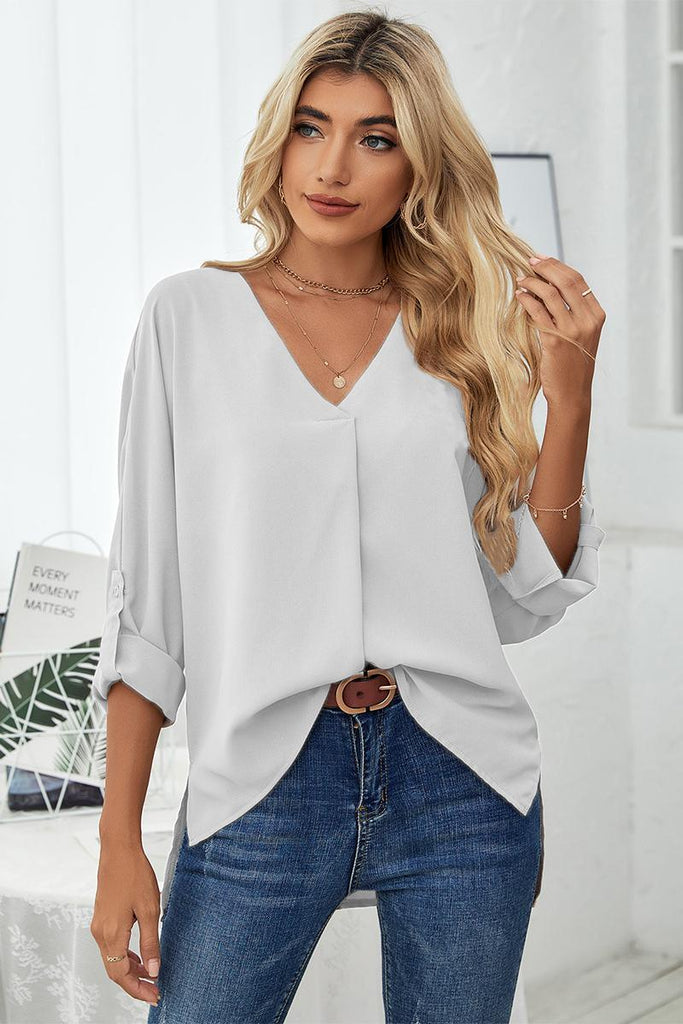 Roll-Tab Sleeve V-Neck Blouse (Online Only) - Made by Trendsi , available in , located in Panama City, FL.