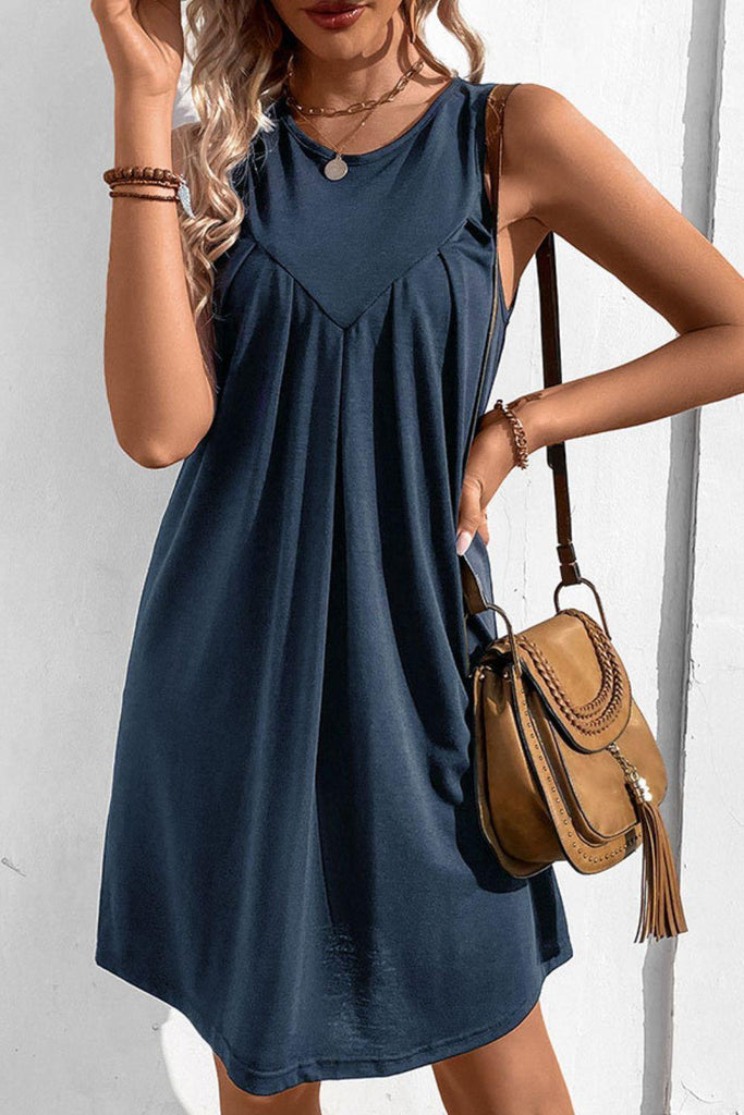 Round Neck Sleeveless Mini Dress (Online Only) - Made by Trendsi , available in blue, dresses, May, sleeveless , located in Panama City, FL.