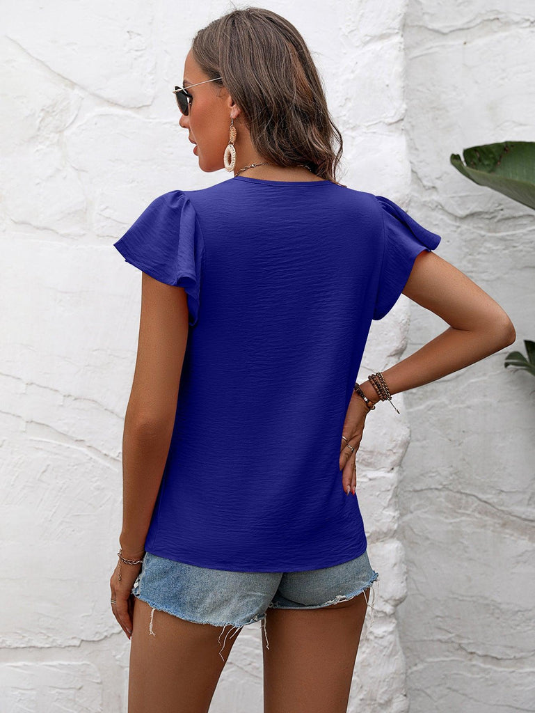Textured Flutter Sleeve Blouse (ONLINE ONLY) - Made by Trendsi , available in blue, green, May, pink, Ship From Oversea, short sleeves, white , located in Panama City, FL.