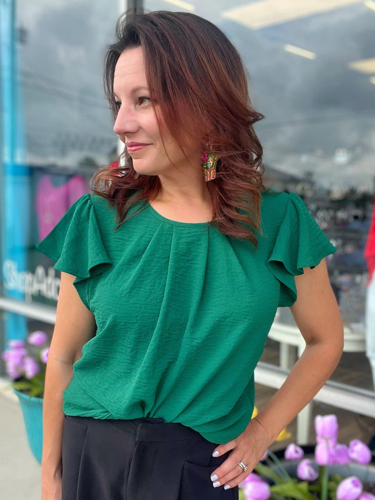 Textured Flutter Sleeve Blouse (ONLINE ONLY) - Made by Trendsi , available in blue, green, May, pink, Ship From Oversea, short sleeves, white , located in Panama City, FL.
