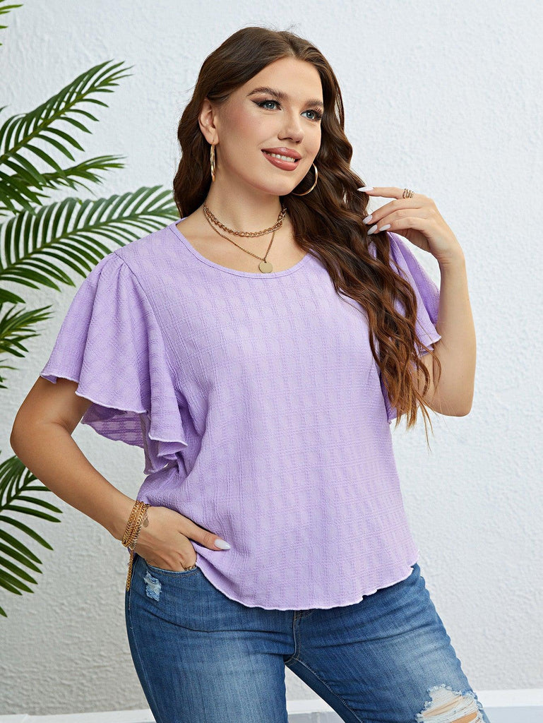 Textured Round Neck Flutter Sleeve Blouse (Online Only) - Made by Trendsi , available in exclusive, flutter sleeves, june, online, Plus size, Ship From Overseas, Shirts, tops , located in Panama City, FL.