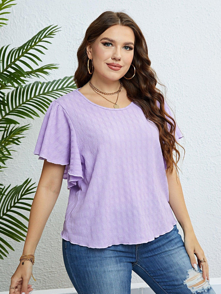 Textured Round Neck Flutter Sleeve Blouse (Online Only) - Made by Trendsi , available in exclusive, flutter sleeves, june, online, Plus size, Ship From Overseas, Shirts, tops , located in Panama City, FL.