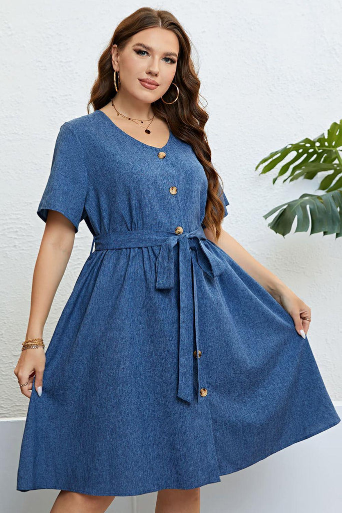 Tie-Waist Button Front Short Sleeve Dress (Online Only) - Made by Trendsi , available in Dresses, exclusive, june, online, Plus size, Ship From Overseas, Short Sleeve , located in Panama City, FL.