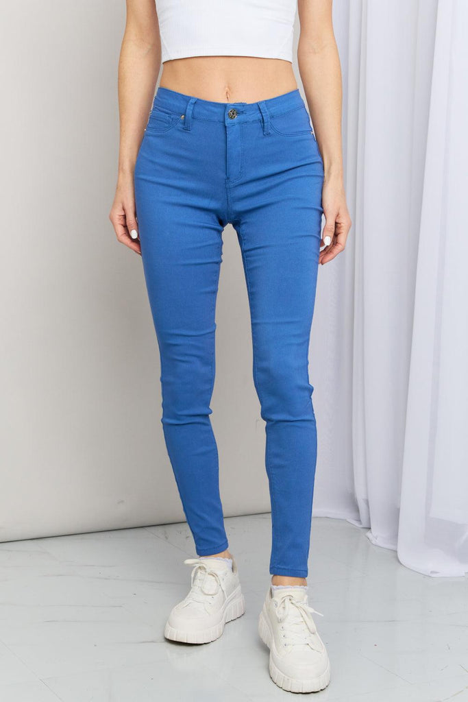 YMI Jeanswear Kate Hyper-Stretch Full Size Mid-Rise Skinny Jeans in Electric Blue (Online Only) - Made by Trendsi , available in Clearance 5.25, Ship from USA, trendsi, YMI Jeanswear , located in Panama City, FL.