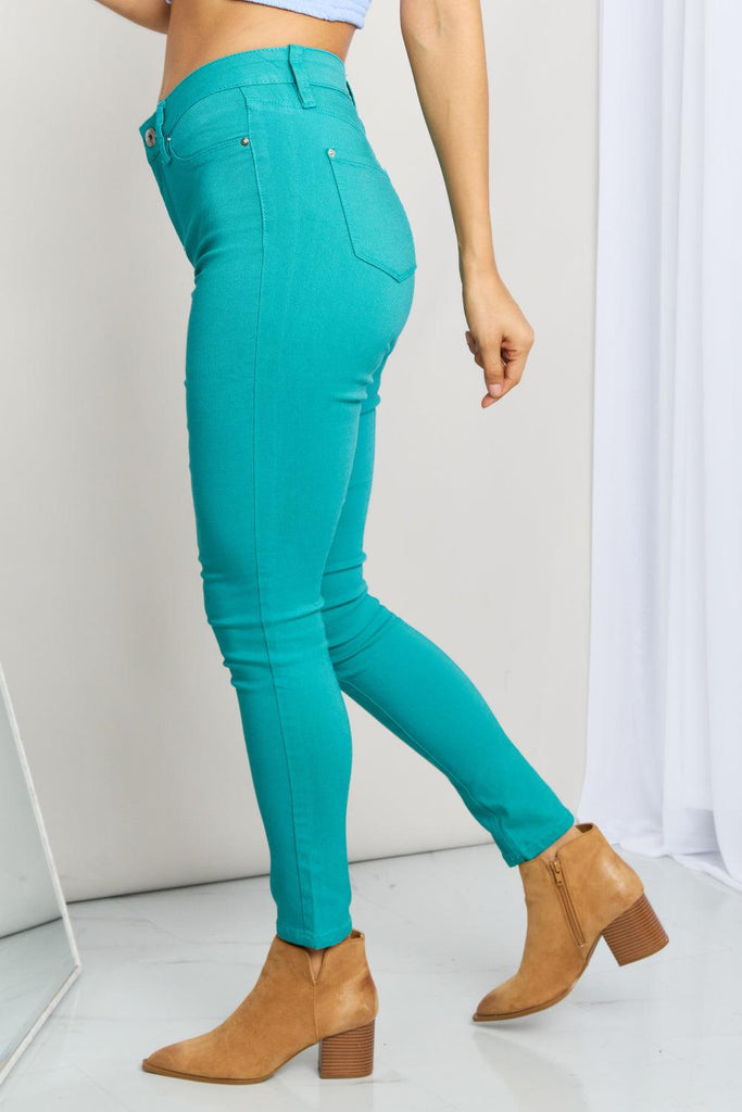 YMI Jeanswear Kate Hyper-Stretch Full Size Mid-Rise Skinny Jeans in Sea Green (Online Only) - Made by Trendsi , available in Clearance 5.25, Ship from USA, trendsi, YMI Jeanswear , located in Panama City, FL.