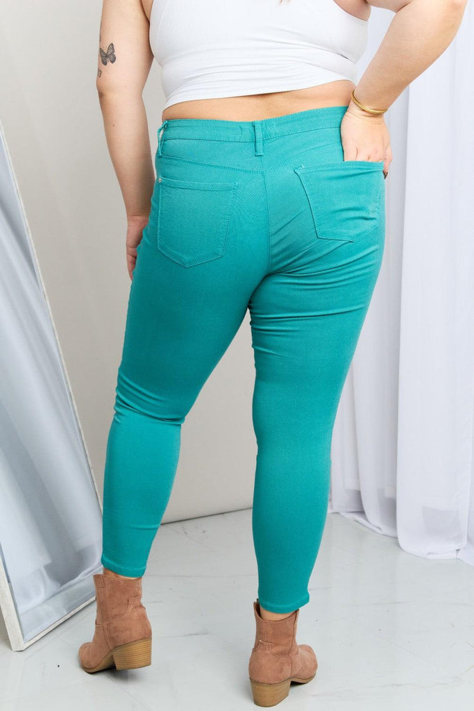 YMI Jeanswear Kate Hyper-Stretch Full Size Mid-Rise Skinny Jeans in Sea Green (Online Only) - Made by Trendsi , available in Clearance 5.25, Ship from USA, trendsi, YMI Jeanswear , located in Panama City, FL.